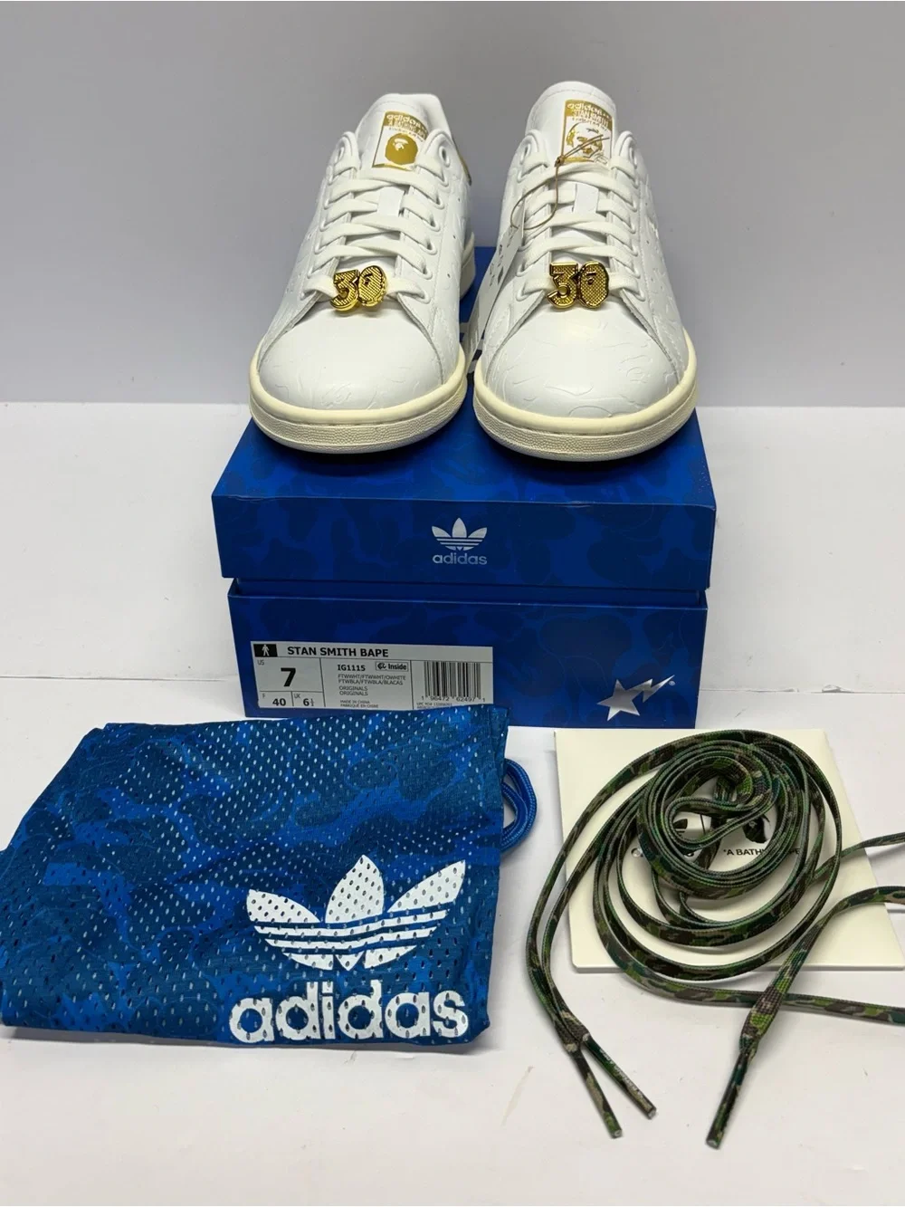 adidas Stan Smith White Sneakers with Gold Accents and Camo Heel